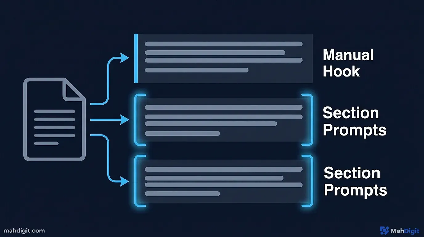 A screenshot of a section-by-section prompt workflow in an AI writing tool