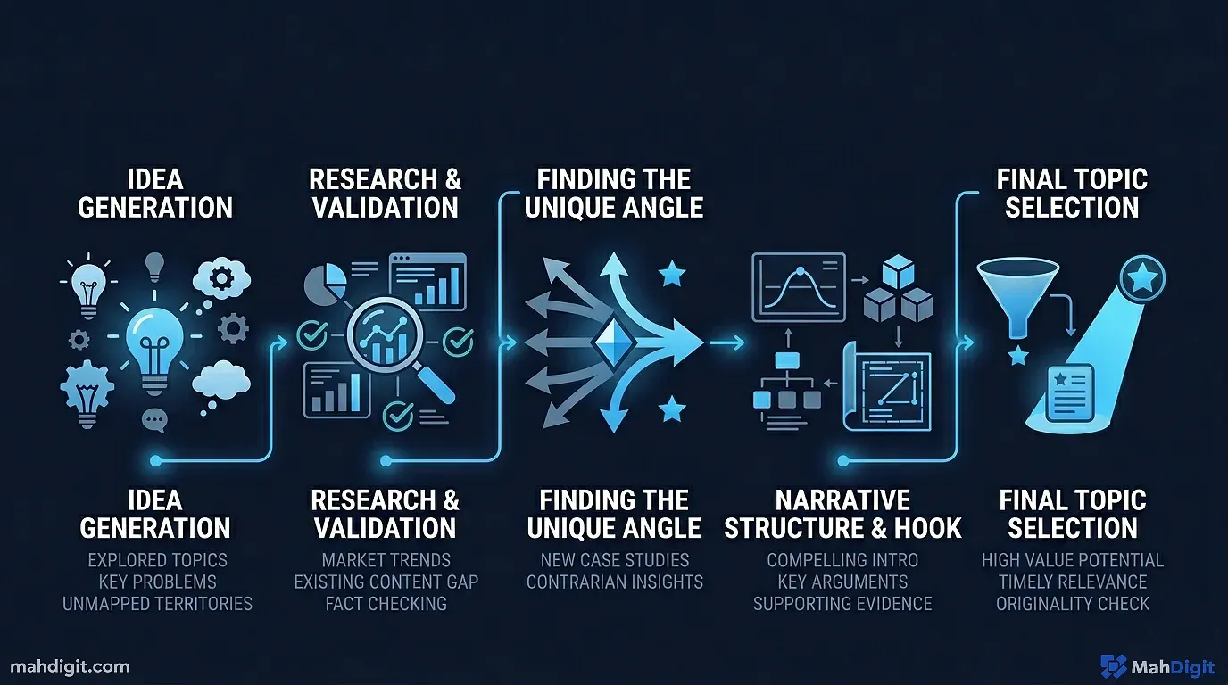 Diagram showing Stage 1: Ideation Finding the Angle That's Worth Writing