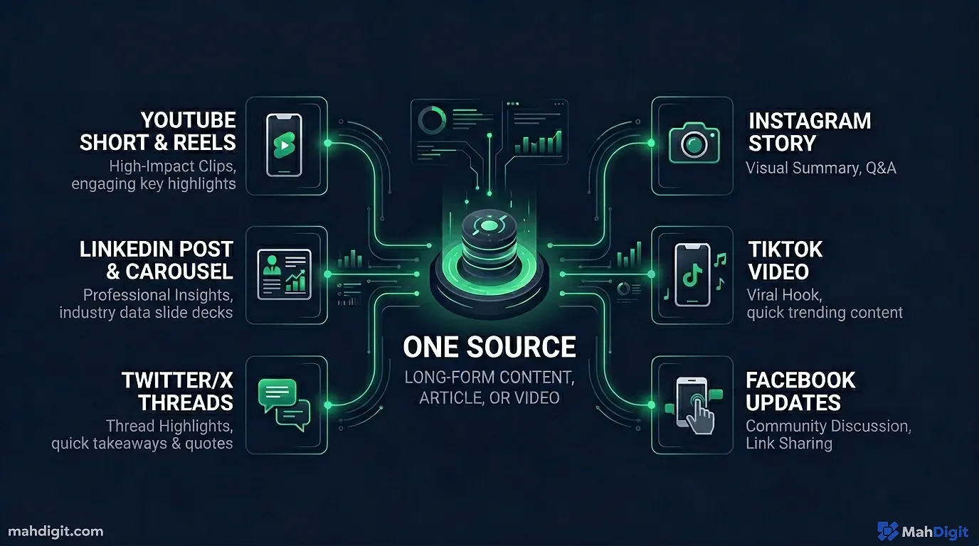 Diagram showing Win 2: Social Media Content One Source, Many Posts