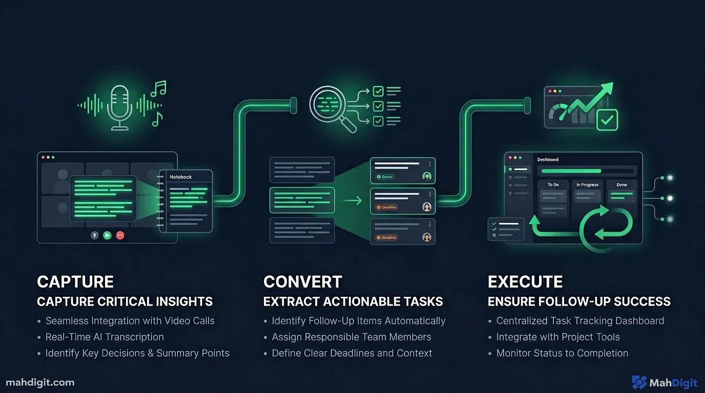 Diagram showing Win 3: Meeting Notes and Action Items Never Lose a Follow-Up