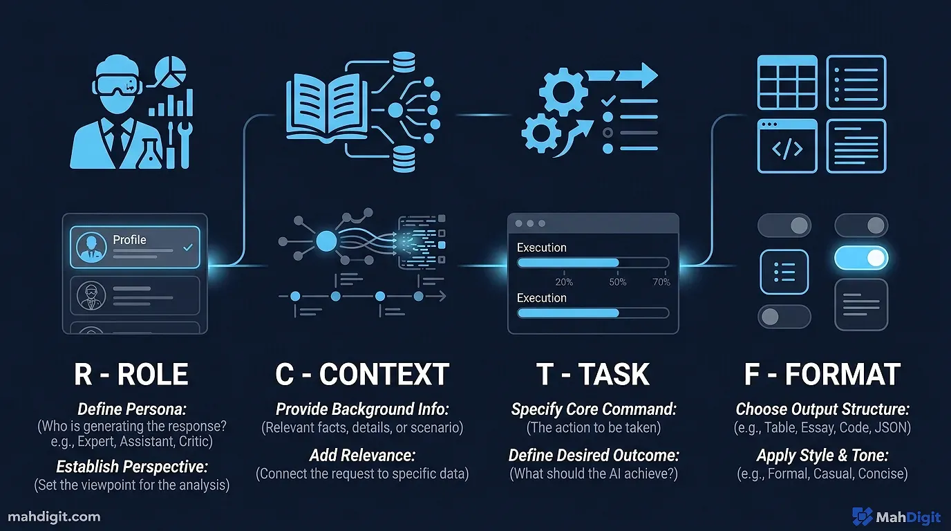 Diagram showing The R-C-T-F Formula: 4 Elements of Every Great Prompt
