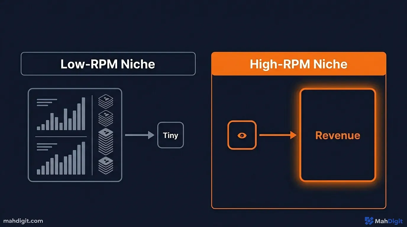 A comparison chart showing RPM differences between entertainment, consumer, and B2B YouTube niches