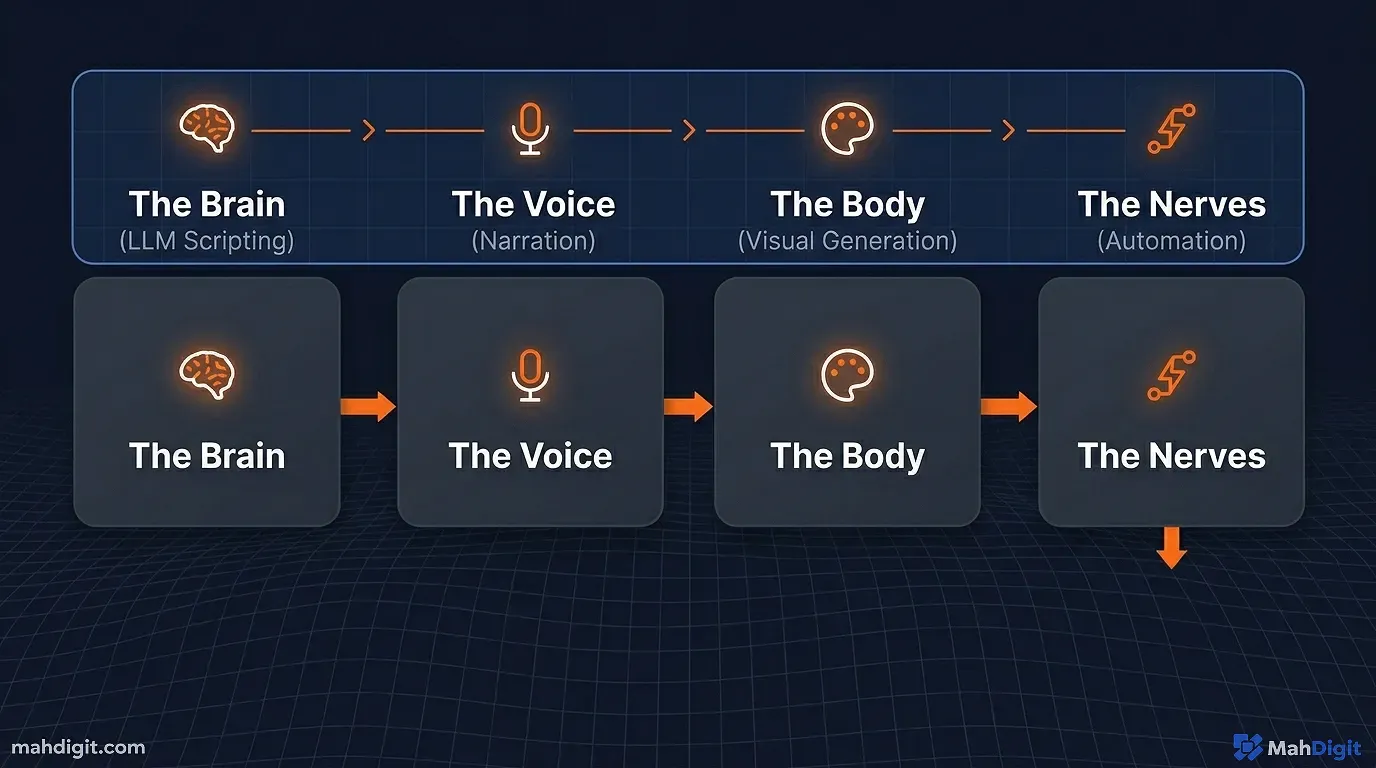 A flowchart of the n8n automation workflow: RSS trigger topic analysis LLM script generation Google Doc output
