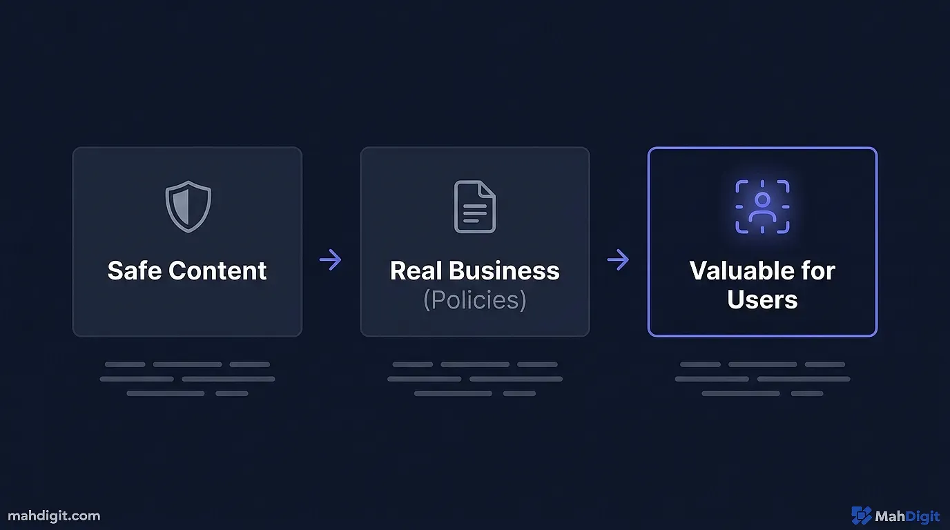 A diagram showing the three questions Google reviewers ask when evaluating an AdSense application