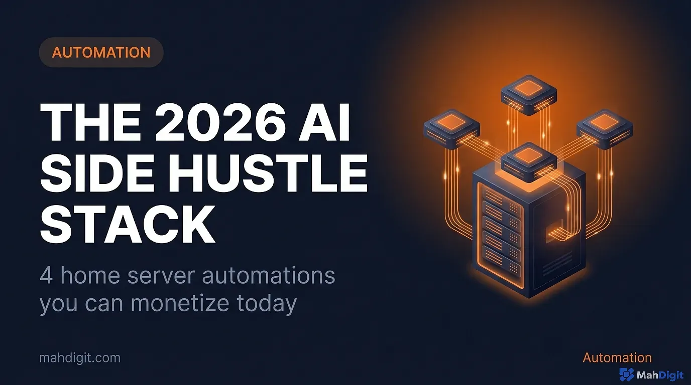 A glowing home server rack with digital overlays showing automated revenue streams