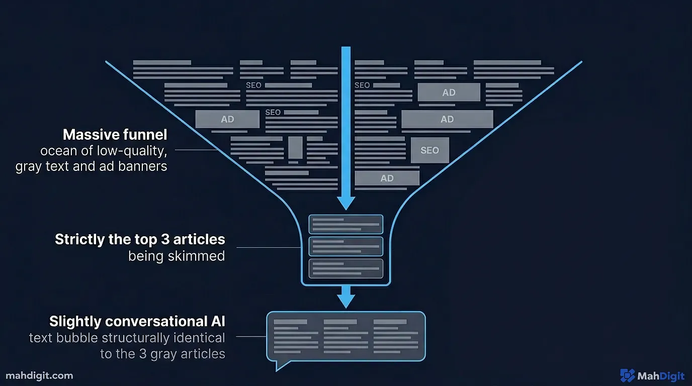 A comparison table graphic showing Perplexity Deep Research vs Google AI Overviews across business model, depth, citations, and speed