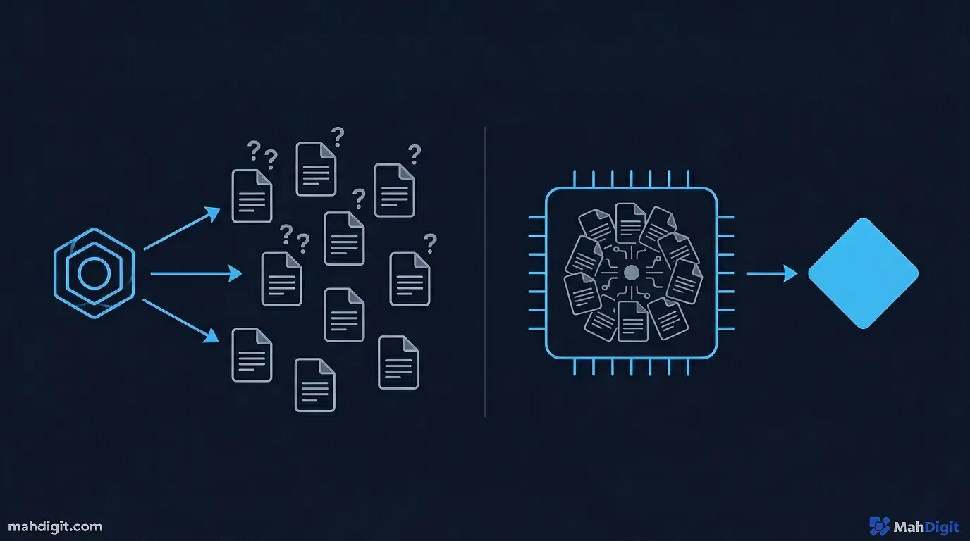 A diagram showing the evolution from a traditional ten-blue-link search results page to a Perplexity Deep Research synthesized report