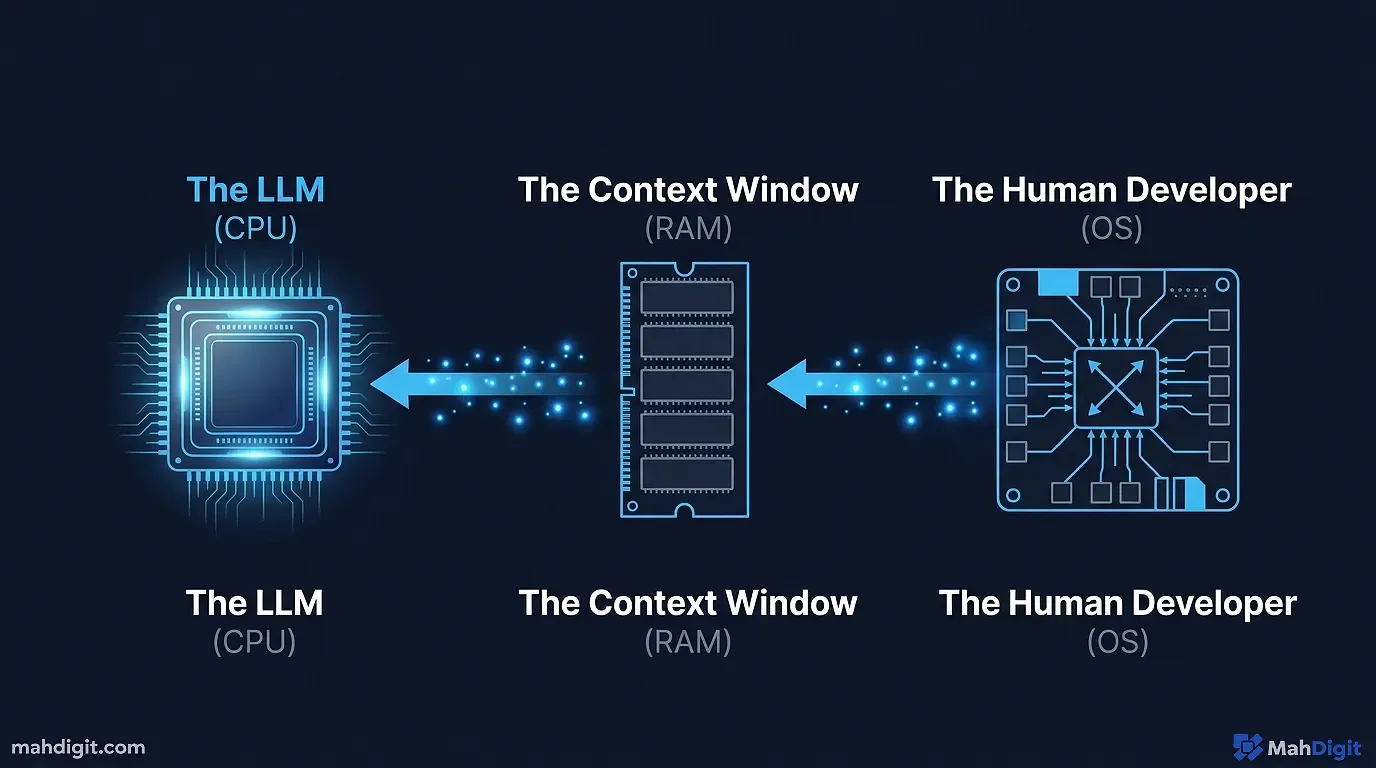 A diagram showing the 6-pillar modular architecture of Context Design versus a single raw text prompt