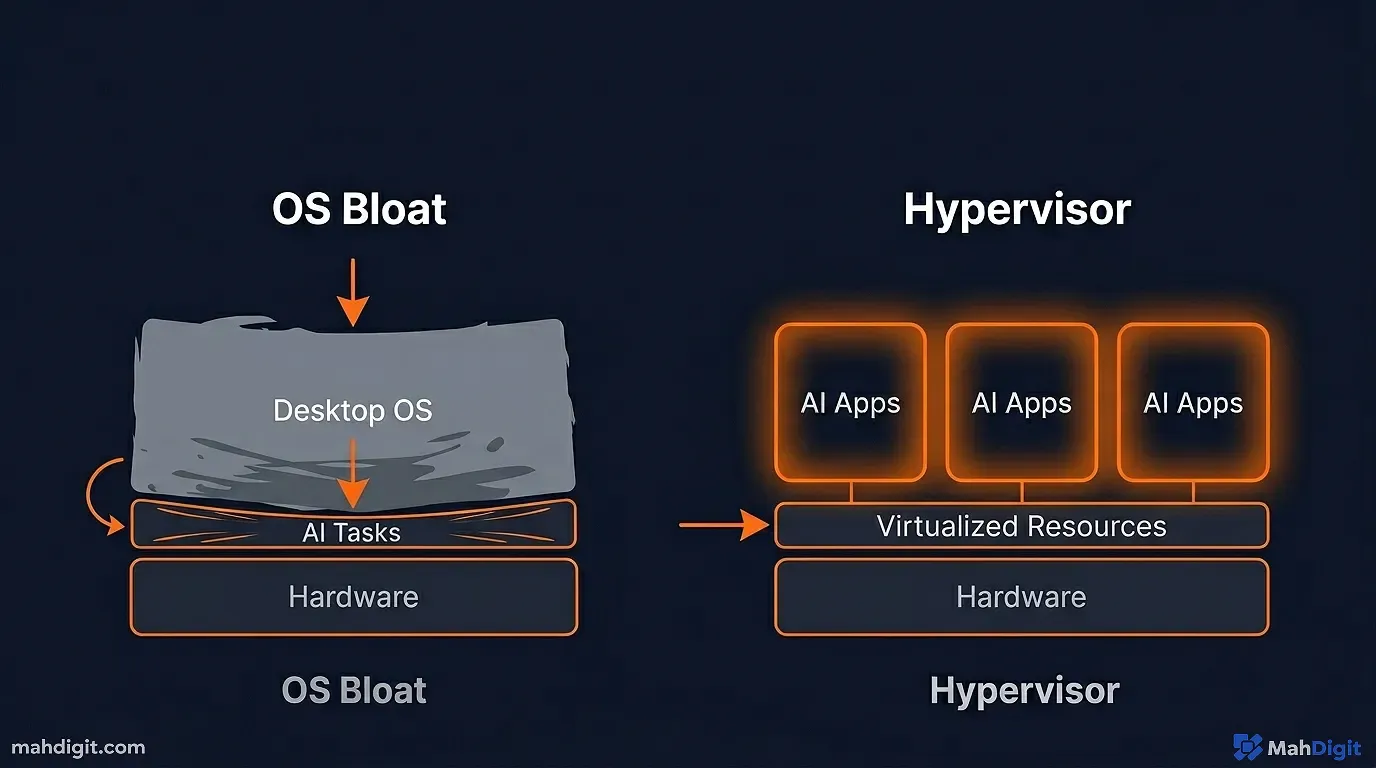 A diagram comparing the Intel N100 Mini PC against enterprise server hardware, showing wattage, RAM capacity, and cost-per-inference ratio