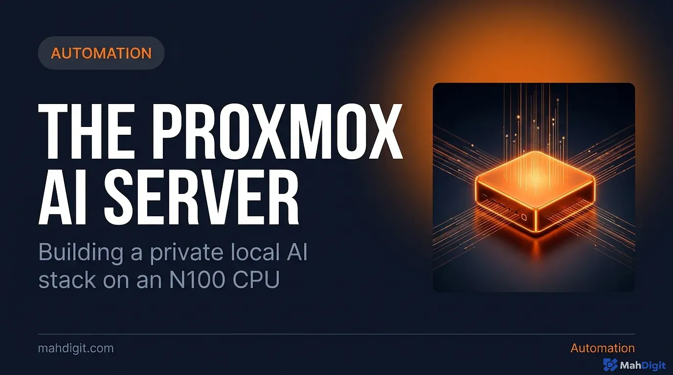 A small, sleek mini PC glowing on a desk next to a monitor displaying a Proxmox dashboard